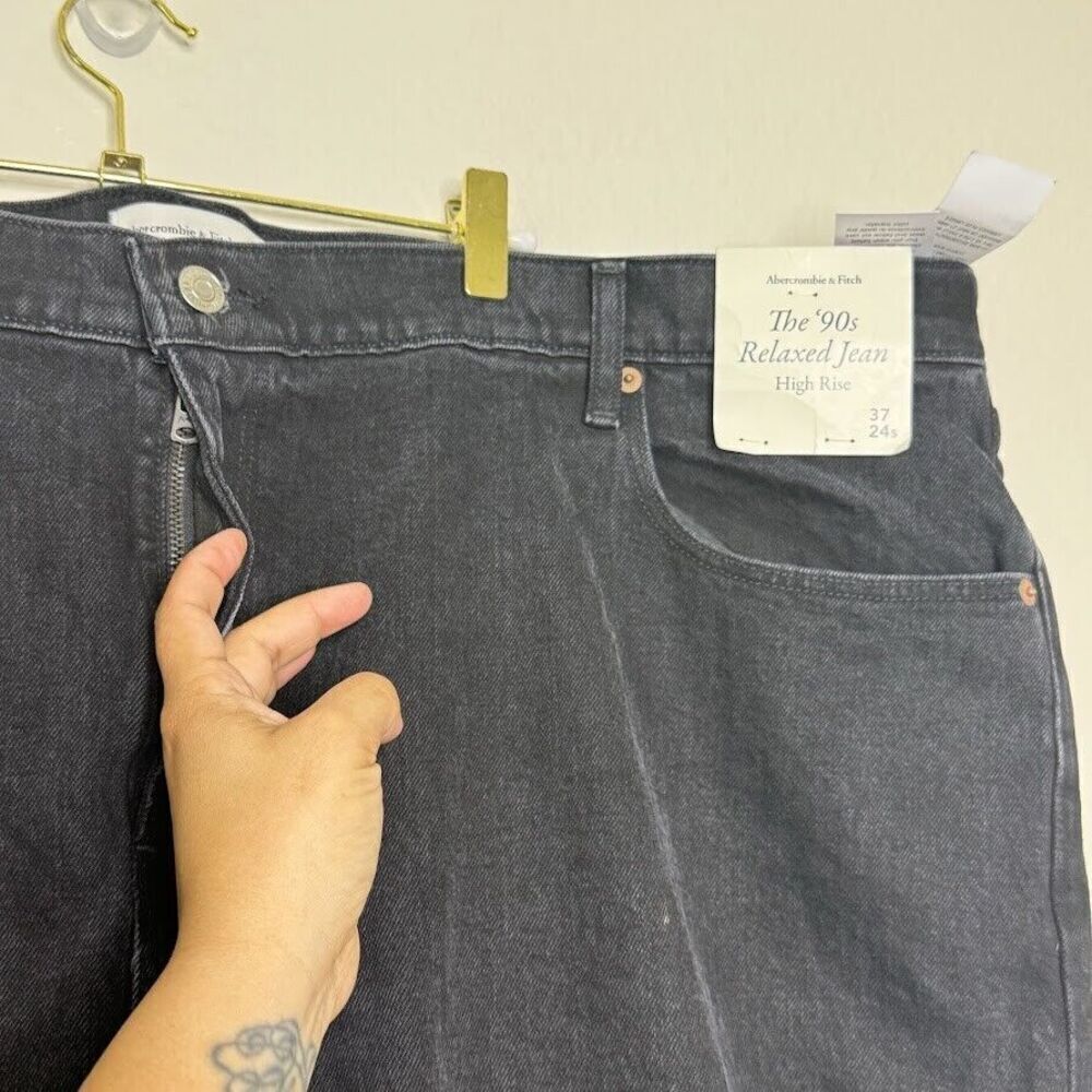 Abercrombie & Fitch Jeans 37/24s SHORT 90s Relaxed Wide Leg Black Ankle Slit - Picture 5 of 13